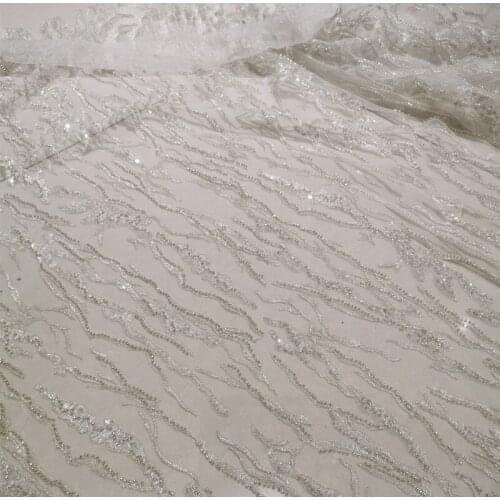 1 Yard Silver Color Bridal Wedding Dress Lace Fabric Luxury Sequin Evening Dress Ivory With Beads Bridal Dress DIY Fabric