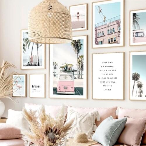Summery Beach Travel Surf Van Wall Art Palm Trees Pictures Pink Flamingo Turtle Poster Print Canvas Painting Living Room Decor