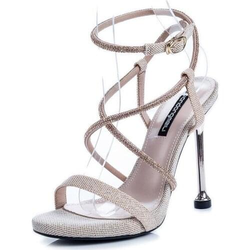 Fashionable Roman Womens High Heels Summer One-word Buckle Strap Rhinestone Open Toe Super Slim High Heels 8cm bling heels