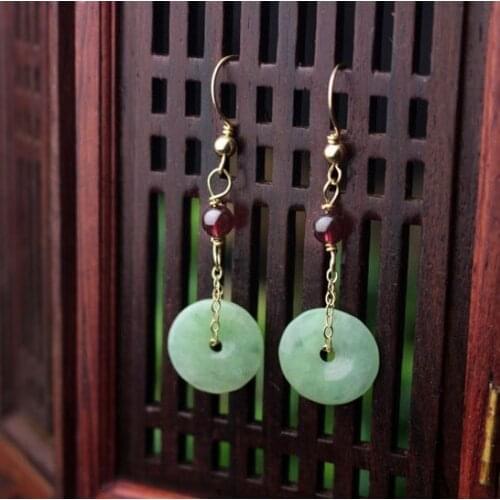 Natural Jade A goods security buckle earrings original jewelry peace auspicious jade earrings long earrings wild