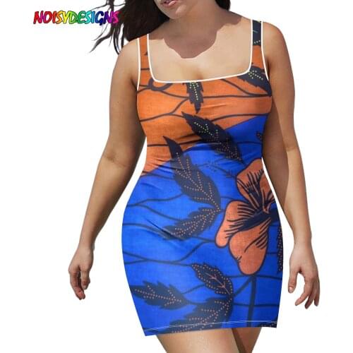 NOISYDESIGNS Summer Women Retro Orange Blue Hibiscus Flower Ankara African Print Dress Elegant Sleeveless Dresses Female 3XL