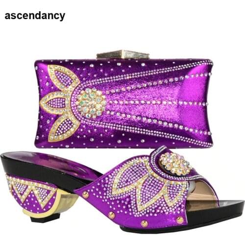 Latest Purple Color Matching Shoes and Bag Set Deorated with Rhinestone Nigerian Shoes and Bag Set for Women Italy Shoes and Bag