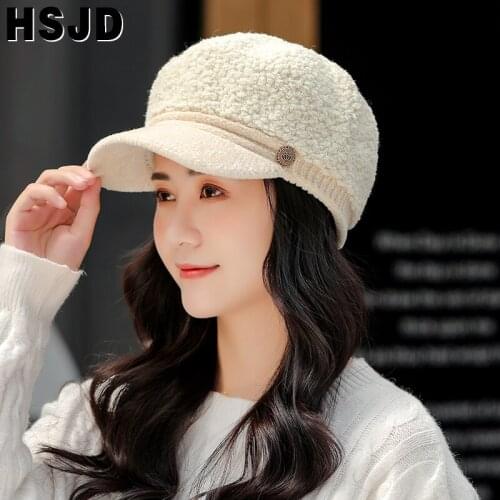 Auutmn Winter Hats For Women Solid Plain Faux Fur Octagonal Cap Warm Skullies Winter Visor Hats Thick Cashmere Beret Hat Artist