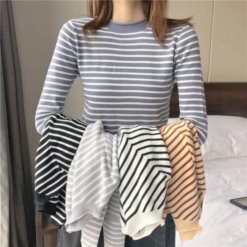 Casual stripe long sleeve knitted sweater women tops autumn half high neck pullover jumper pull femme sweaters