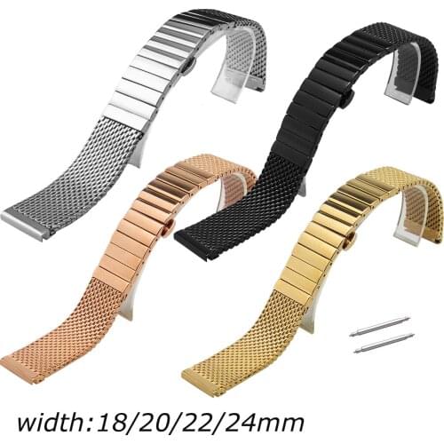 Solid Stainless Steel ML Butterfly Buckle Watch Band Single Link Watch Straps 18mm 20mm 22mm 24mm Band w Pins