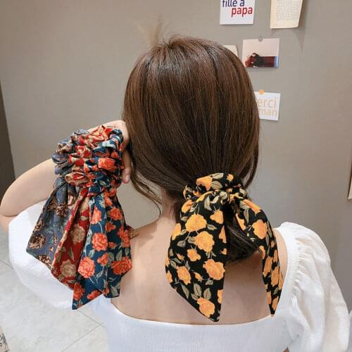 Fashion Chiffon Silk Wispy floral Bow Hair Scrunchies Women Hair Tie Rope Rubber Bands Ponytail Holder Girls Hair Accessories