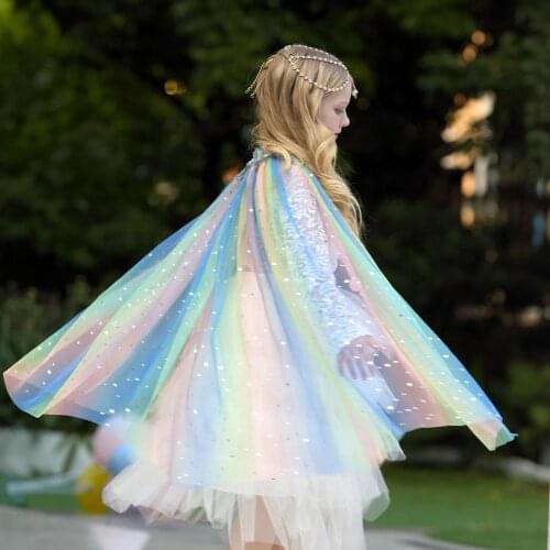 Christmas Girls Cloak Sequined Ball Tull Shawl Kids Dress Birthday Party Beach Rainbow Wrap Princess Costume Shining Stars Cape