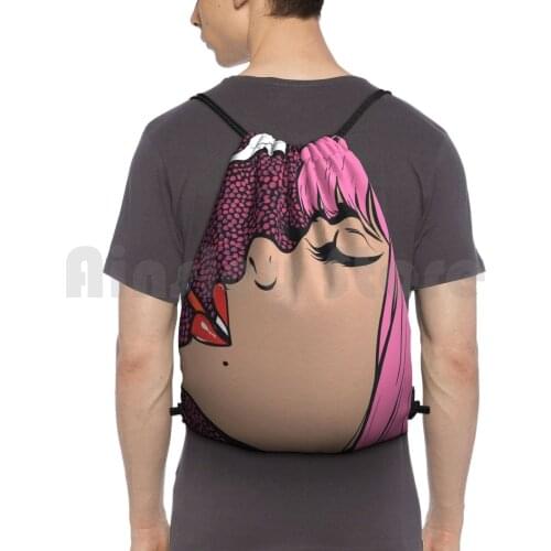 Pink Smoking Comic Girl Backpack Drawstring Bag Riding Climbing Gym Bag Cigarette Smoke Pink Hair Bangs Model Pop Art