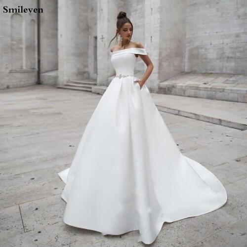 Smileven Princess Wedding dresses Satin A Line Boho Bride gowns With Pockets Off The Shoulder Vestido De Noiva