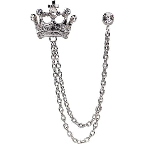 Silver Rhinestone Inlaid Crown Chain Strings Brooch Clip Pin For Suit Shawl Keeper Collar Buckle Garment Accessories Jewelry