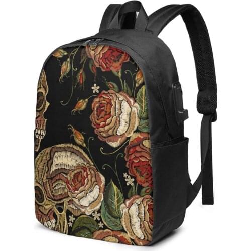 Teenage Backpack for School Boy Girl Embroidery Skull And Roses Flowers School Bag USB Charging Bookbag