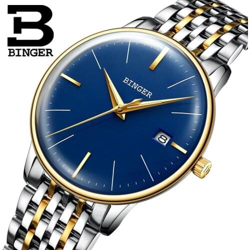 Switzerland BINGER Brand Men watch leather strap automatic mechanical watch male Luxury luminous simple cruve surface handwatch