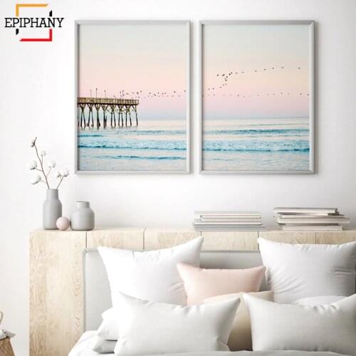 Modern Ocean Print Coastal Wall Art Beach Decor Pastel Canvas Painting Sunset Bedroom Decor Large Posters and Prints Living Room