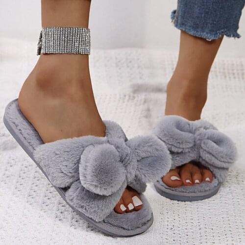 Warm Fluffy Slippers Women Cozy Faux Fur Indoor Floor Slides Flat Soft Furry Shoes Ladies Bow Tie Home Slipper Female Flip Flops