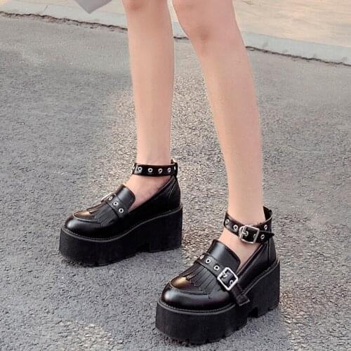 CJDLY Womens Pump Gothic Tassel Shoes Ankle Strap High Chunky Heels Platform Punk Creepers Shoes Female Fashion Buckle Loafers