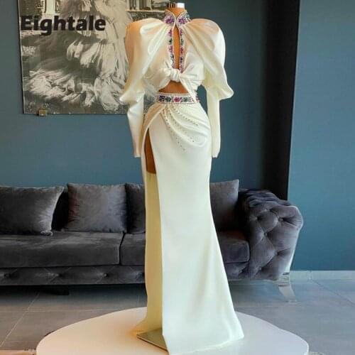 Eightale Arabic Vintage Evening Dresses Two Pieces Jacket Mermaid Long Sleeves Crystal Prom Gown High Split Satin Party Dress