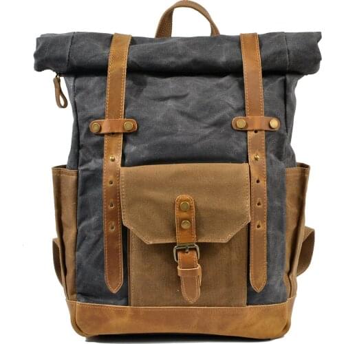 Retro hit color oil wax waterproof canvas travel backpack computer school bag large capacity outdoor ladies backpack mens bag