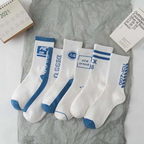 European and American Street Blue Letter Socks Autumn Cotton Trend Simple Sports White Crew Socks Student Basketball Man Socks