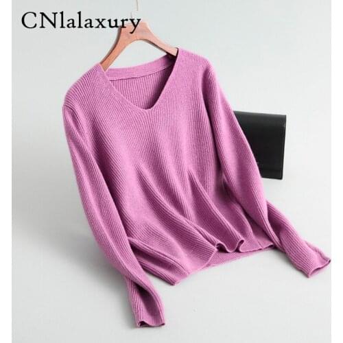 V-neck Knitted Oversized Pull Sweaters Women Autumn Winter Basic Sweater Women White Casual Loose Pullovers Female sueter mujer