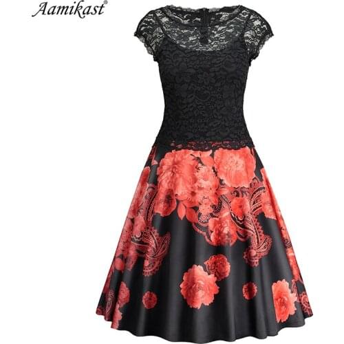 Aamikast Womens Flower Floral Printed Lace Dress Vintage O Neck Slim Sexy Pin up Rockabilly Vestidos Party Black Lace Dresses