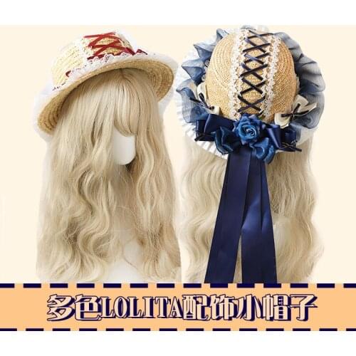 2021Summer Handmade Sweet Lolita Cute Lace Bowknot Ribbon Rose Straw Hat Retro Pastoral Style Mori Girl Flat Cap Womens Sunhat
