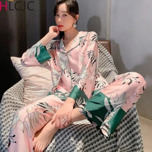 2021 Pijama Flower Print Womens Pajama Sets V-Neck Stretch Satin Sexy Lingerie Sleepwear Pajamas Home Wear Nightwear Clothing