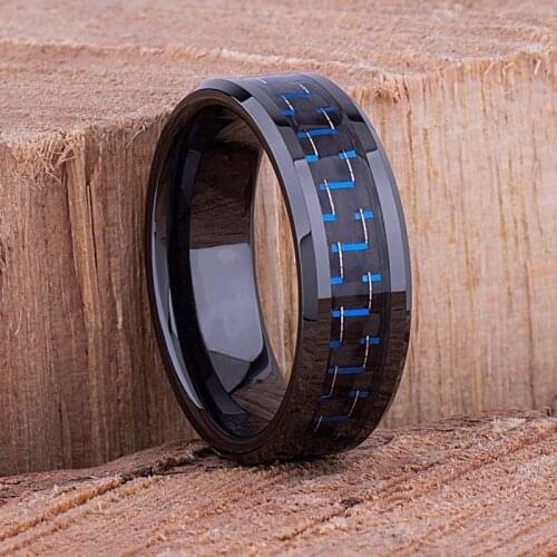 8MM Mens Fashion Black Tungsten Carbide Ring Blue Carbon Fiber Inlaid Engagement Band Wedding Jewelry Gift For Men
