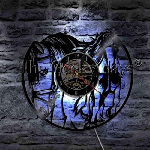 Wild Horse Multi Colors LED Sign Vinyl Record Wall Clock With LED Backlight Galloping Horse Mustang Atmosphere Light