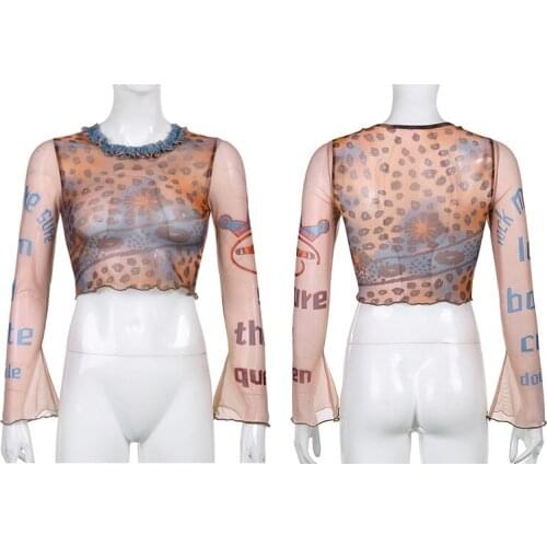 Aesthetics Retro Mesh T-Shirts 90S Fashion Slim O-Neck Flare Sleeve Cropped Y2K Tops E-Girl Vintage Tees