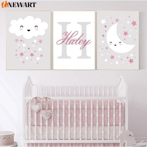 Personalized Poster Custom Baby Name Wall Art Nursery Pictures Pink Cloudy Moon Weather Wall Poster for Girls Bedroom Decor Art