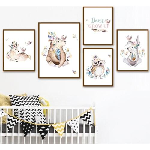 Lovely Deer Bear Owl Bunny Flower Sparrow Leaf Wall Art Canvas Painting Nordic Posters And Prints Wall Pictures Kids Room Decor