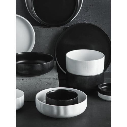 Ceramic Tableware Three-dimensional Stripes Black and White Western Style Steak Plate Salad Bowl Bowl Household Kitchen Supplies