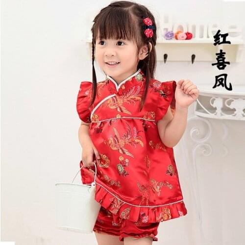 Red Phoenix Baby Girls Clothes Sets Chinese New Year Qipao For Children Tops Hot Shorts Floral Bebe Rompers Chi-pao Cheongsams