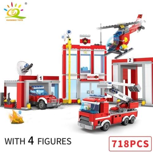 HUIQIBAO Fire Station Building Blocks Cty Truck Helicopter Boat Car with Firefighter Figures Bricks Educational Children Toys
