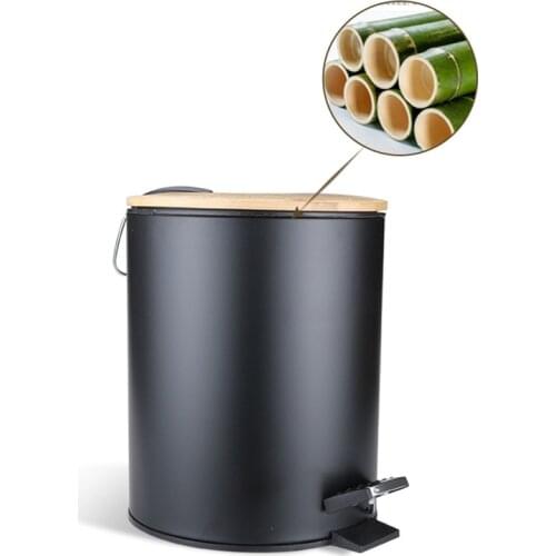3L/5L Metal Trash Can with Bamboo Lid Flip Compost Garbage Bin Rubbish Zero Waste Container Kitchen Storage Bucket Organizer