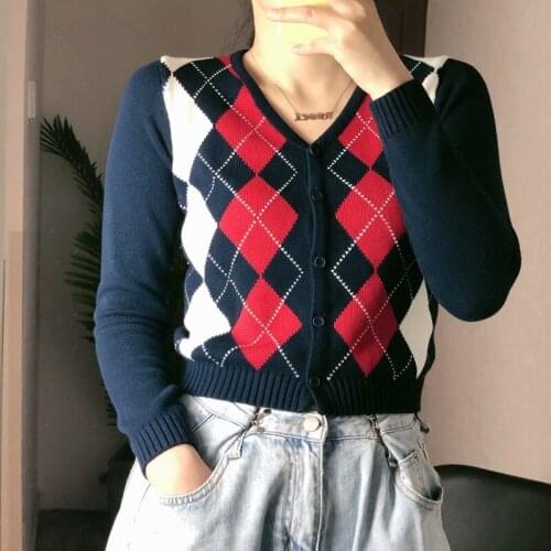UNUTH Girls Soft Cotton V Neck Cardigan 2021 Spring-autumn Fashion Ladies England Style Sweater Female Plaid Slim Cardigan