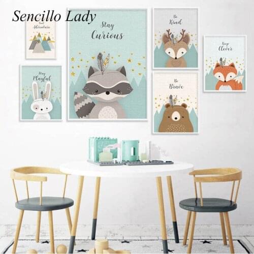 Woodland Animal Child Poster Bunny Fox Bear Print Baby Nursery Wall Art Canvas Painting Nordic Kid Bedroom Decoration Picture