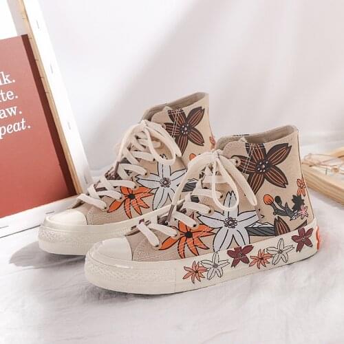 New High top Canvas Shoes Women Vulcanize Shoes Hand drawn doodle Sneakers Ladies Flats Casual Breathable Walking travel shoes