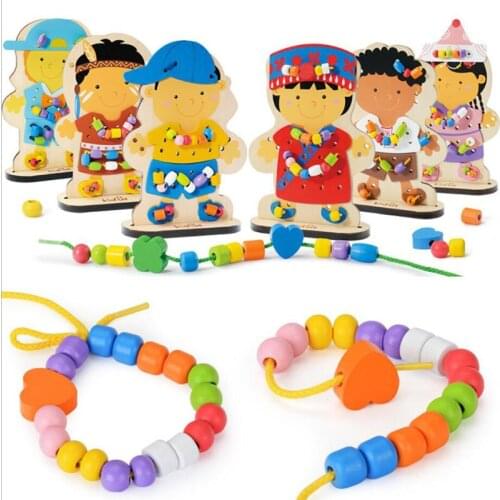 Children Learning Education Toys Wooden Beaded Montessori Toys Beaded With Rope Dressing Toys