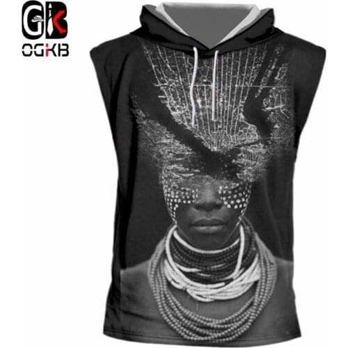 OGKB Unisex Hiphop Streetwear Sleeveless Hoody Pullovers Men/Womens 3D Funny Print African Lady With Necklace Hooded Tank Top