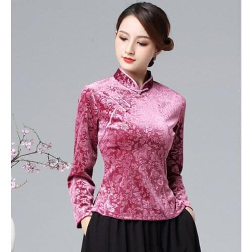 Fall Spring Womens Mandarin Collar Long Sleeve Slim Cheongsam Velour Top Blouse , Women Floral Velvet Chipao Blouses and Tops