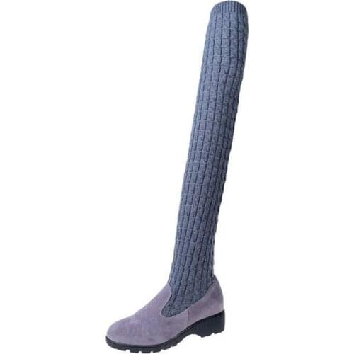 Autumn And Winter New Women Boots Knitted Wool High Tube Flat Bottom Over The Knee Stretch Martin Boots Women High Shoes