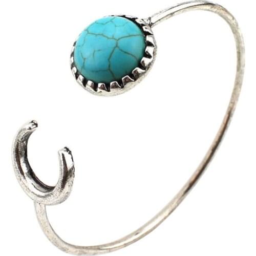 Silver Plated Alloy Crescent Moon with Round Green Turquoises Stone Cuff Bangle Classic Style Jewelry