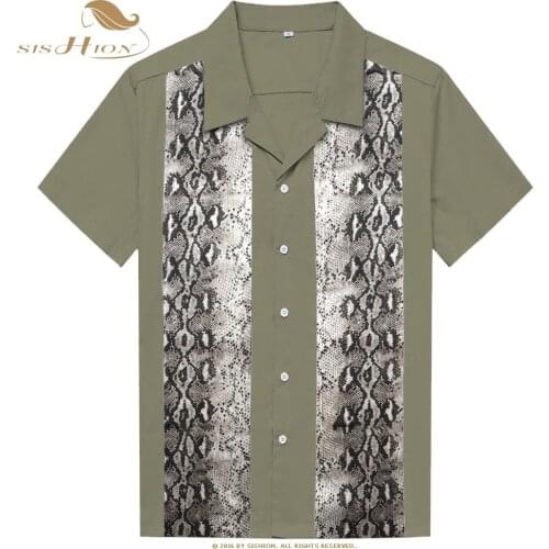 SISHION Summer Casual Turn-Down Collar Snake Print Patchwoak Vintage Men Shirt QY0409 Short Sleeve Plus Size Cotton Shirts