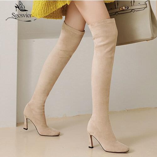 Sgesvier 2020 Big size 34-48 women boots fashion square toe high heels ladies shoes winter black apricot over the knee boots