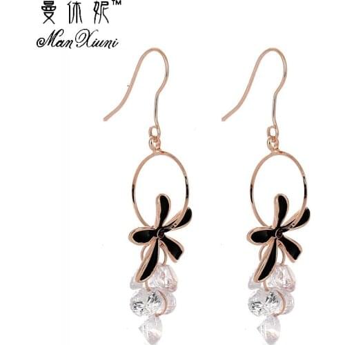 Bling Black Flower Pendant Dangle Earrings Charm Cubic zirconia Raindrop Hook Eardrop for Women Fashion Jewelry Accessory