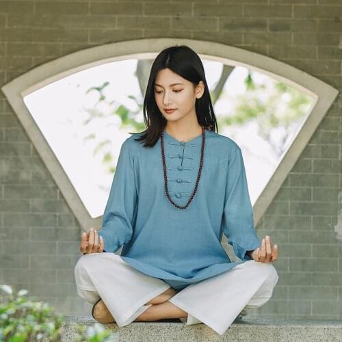 Traditional Chinese Women Kung Fu Uniform Linen Tea Set Yoga Suit Tai Chi Robes Female Oriental Long Sleeve Leisure Hanfu