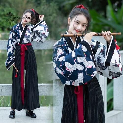 Traditional Japanese Kimono Set National Style Womens Clothing Cardigan Kimono Hanfu Performance Printed Crane Retro Chinese