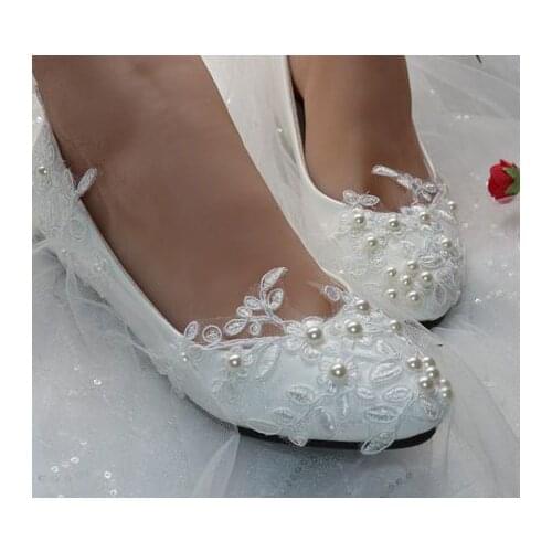White lace ivory pearls bridal flats shoes woman female fashion european style flat heel bridesmaid shoes plus size