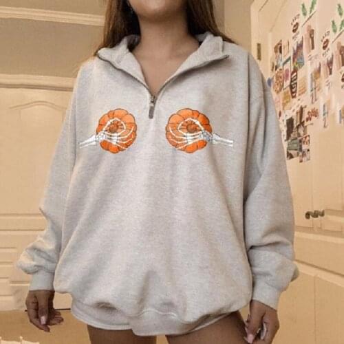 Womens Zipper Hoodies Halloween Pumpkin Skeleton Hand Print Sweatshirt Pullover Women Long Sleeved O-Neck Autumn Oversized Tops